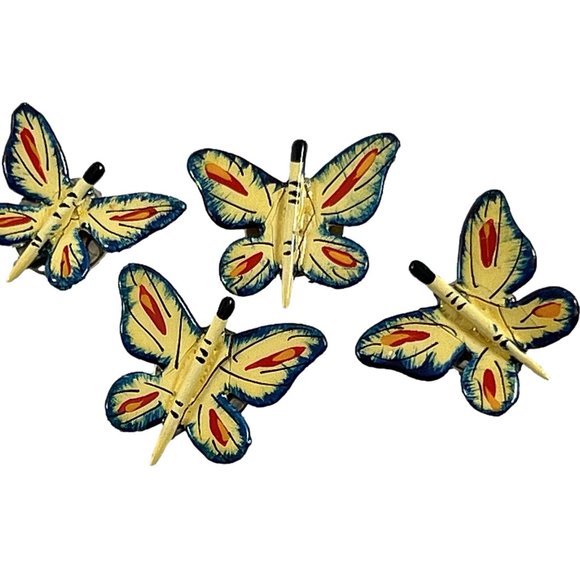 Vintage Butterfly Shaped Button Covers Yellow Blue Plastic Flaw 1.25" Long - Picture 1 of 6